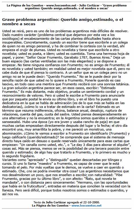 La Página de los Cuentos - Texto 'Grave problema argentino: Querido amigo,estimado, o el nombre a secas' de Julio Cortázar